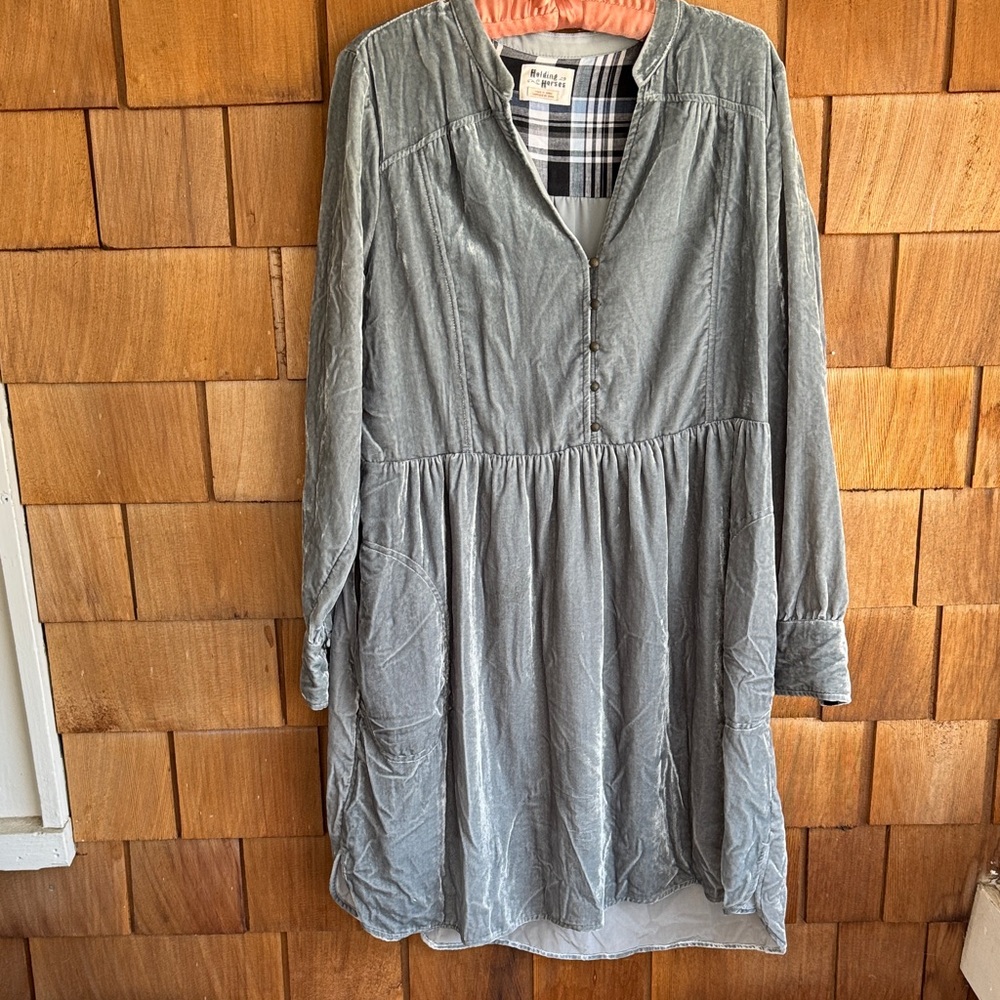 Light Gray-blue Long Sleeve V-Neck velvet Dress